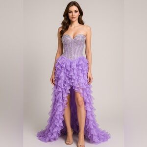 Sherri Hill Beaded Strapless Gown – Lavender Ruffle High-Low Prom/Pageant Dress